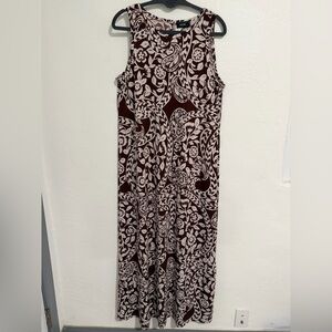MSK Paisley Midi Dress Large Brown White Sleeveless Stretch Keyhole Back, Large